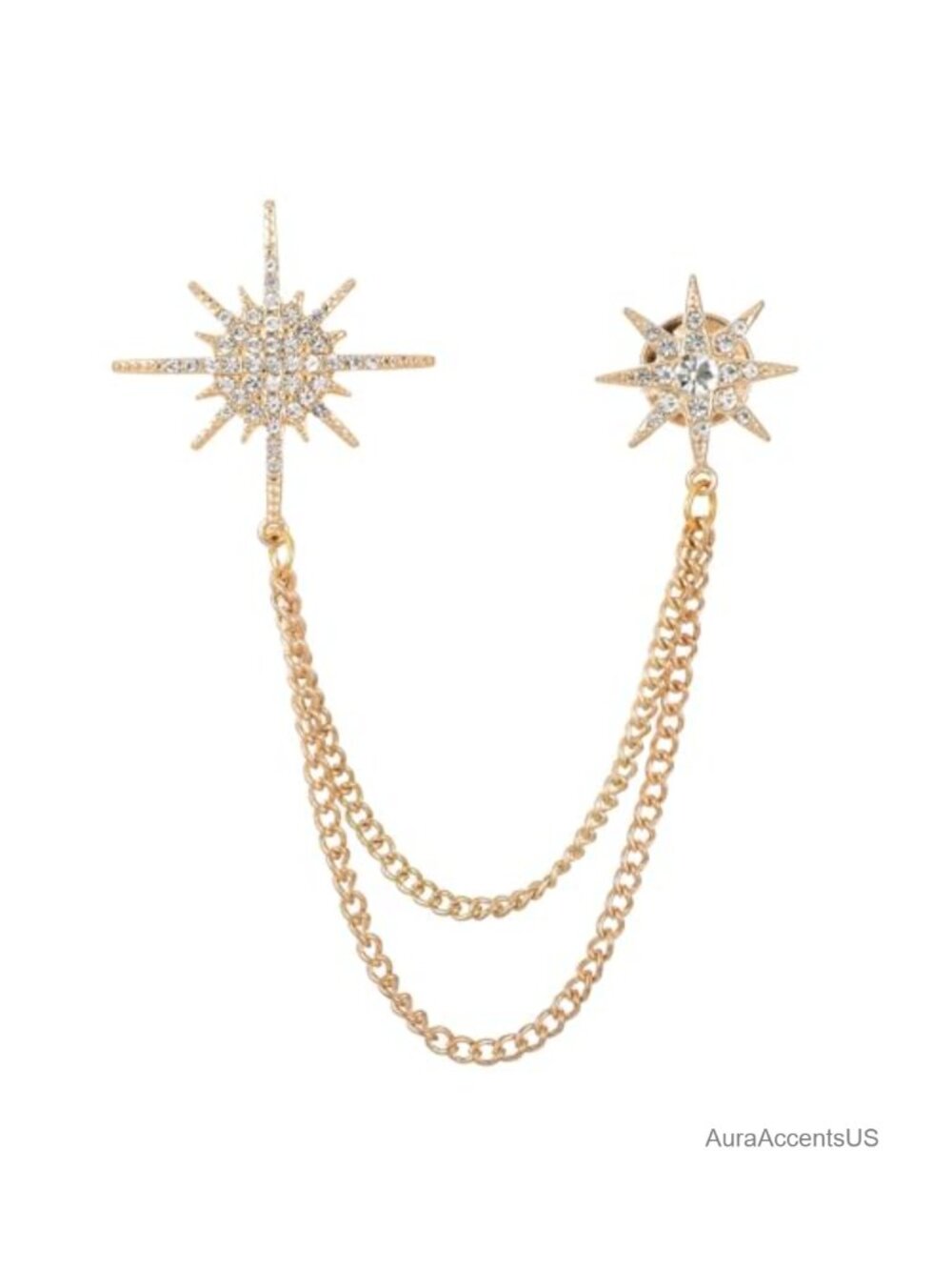 Silver Rhinestone Crystal Star Brooch Pin with Tassel Chain for Women Men